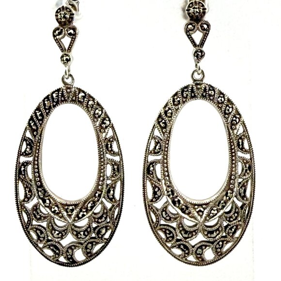 Vintage Sterling Silver Marcasite Filigree Dangle Earrings – 2.25”, 9.6g - Picture 5 of 15